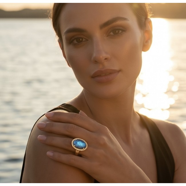 Shimmering Natural faceted Labradorite .925 Sterling Silver dipped in 18K Gold handcrafted Large ring size 8 1/4 - Woman wearing labradorite ring, sunset background
