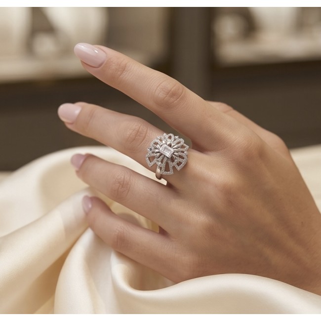 Isabella authentic 6.8 carat White Topaz .925 Sterling Silver handcrafted ring size 8 - Isabella 6.8 carat White Topaz ring worn on hand, close-up view.