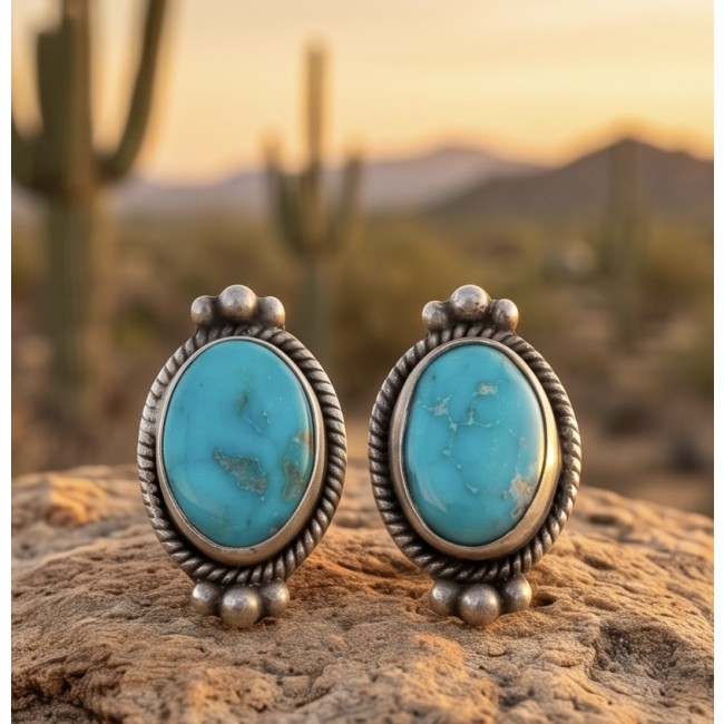 Great authentic Morenci Turquoise .925 Sterling Silver handcrafted Earrings - Close-up of Morenci Turquoise earrings on a rock with desert background