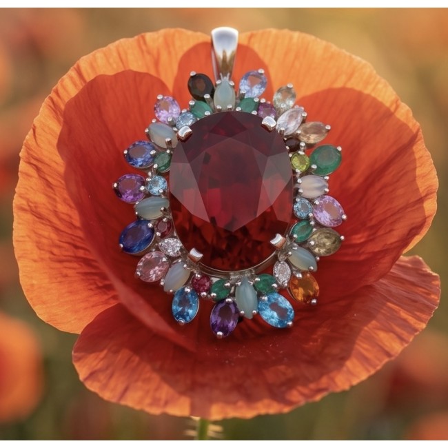 Luxury genuine 44.7 CARAT oval cut Red Topaz .925 Sterling Silver dipped in rhodium handmade Pendant Brooch - Luxury red topaz pendant with gemstones, close-up on a flower backdrop.