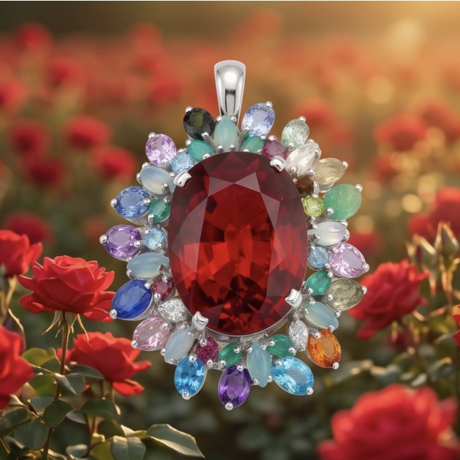Luxury genuine 44.7 CARAT oval cut Red Topaz .925 Sterling Silver dipped in rhodium handmade Pendant Brooch - Close-up of luxury 44.7 carat red topaz oval pendant among red roses