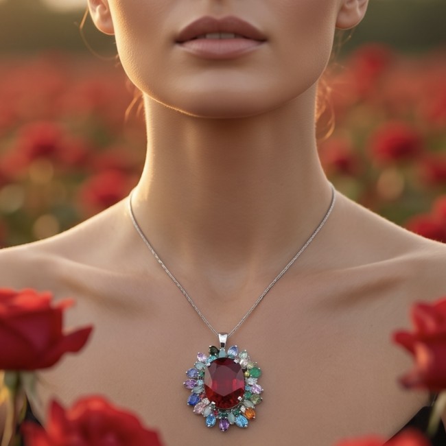 Luxury genuine 44.7 CARAT oval cut Red Topaz .925 Sterling Silver dipped in rhodium handmade Pendant Brooch - Woman wearing luxury red topaz necklace with gemstone accents in rose field