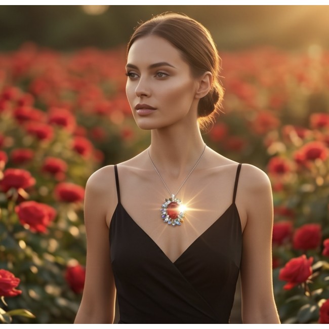 Luxury genuine 44.7 CARAT oval cut Red Topaz .925 Sterling Silver dipped in rhodium handmade Pendant Brooch - Woman wearing 44.7 carat red topaz necklace in rose garden