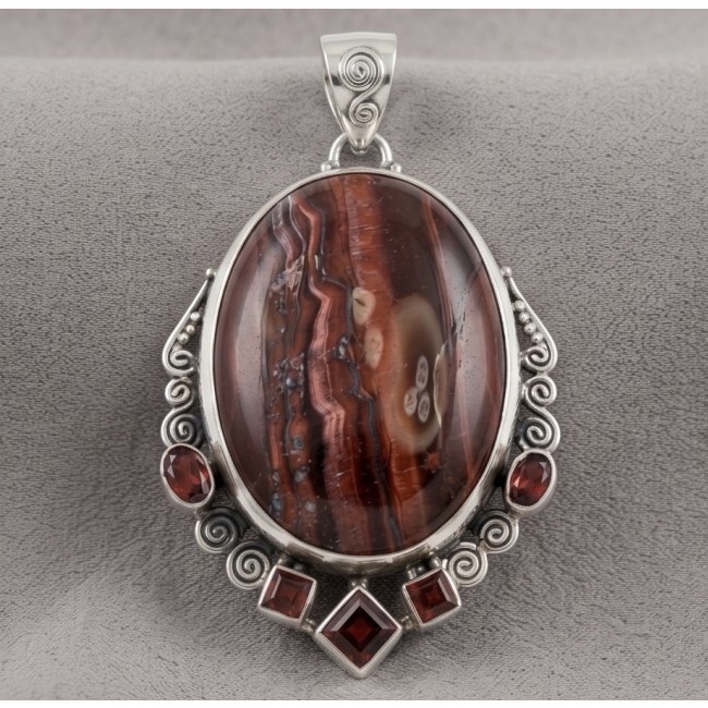 Incredible quality Silky Golden Tigers Eye .925 Sterling Silver handmade Pendant - Pendant with tiger's eye and garnet stones, front view.
