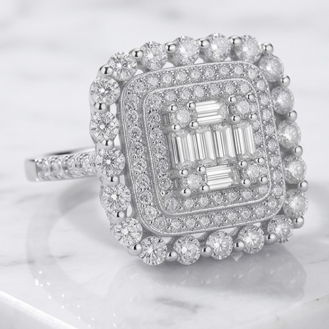 Fancy Design authentic 7.9 carat White Topaz .925 Sterling Silver handcrafted ring size 8 1/4 - Close-up of 7.9 carat white topaz ring in sterling silver, angled view