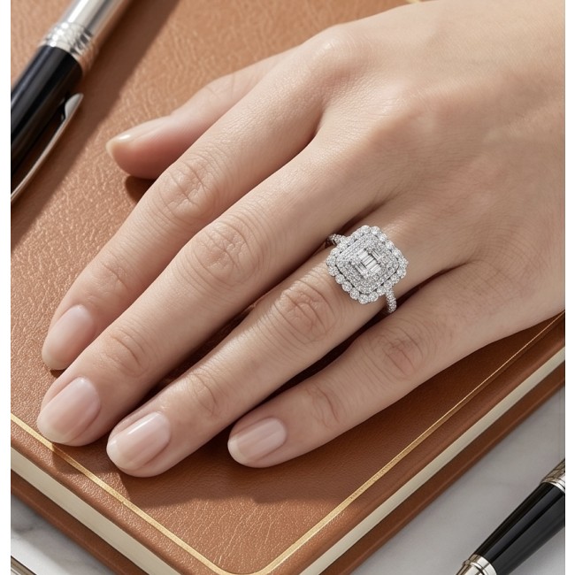 Fancy Design authentic 7.9 carat White Topaz .925 Sterling Silver handcrafted ring size 8 1/4 - Ring with white topaz on hand, surrounded by notebooks and a pen.