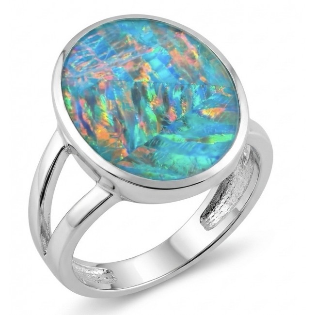 Endless Ocean Genuine 17.5 carat doublet Australian Opal .925 Sterling Silver handmade Ring size 6 1/4 - Side view of Endless Ocean ring with 17.5 carat Australian opal stone