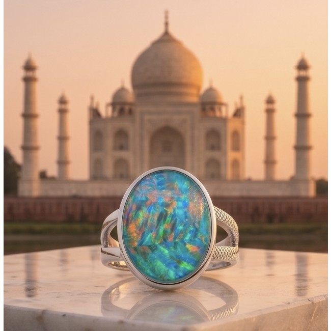 Endless Ocean Genuine 17.5 carat doublet Australian Opal .925 Sterling Silver handmade Ring size 6 1/4 - Opal ring close-up in front of Taj Mahal at sunset.