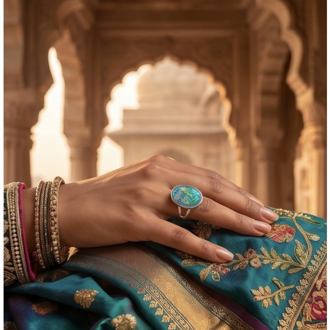 Endless Ocean Genuine 17.5 carat doublet Australian Opal .925 Sterling Silver handmade Ring size 6 1/4 - Hand wearing Endless Ocean Opal ring, ornate bangles in background setting