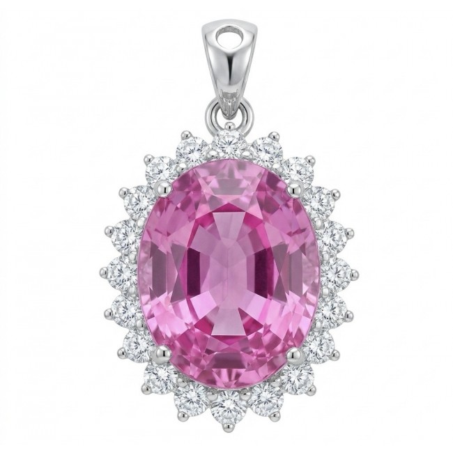 Incredible oval cut 15.8 carat Pink Sapphire .925 Sterling Silver handcrafted pendant - Oval pink sapphire pendant close-up with diamond halo