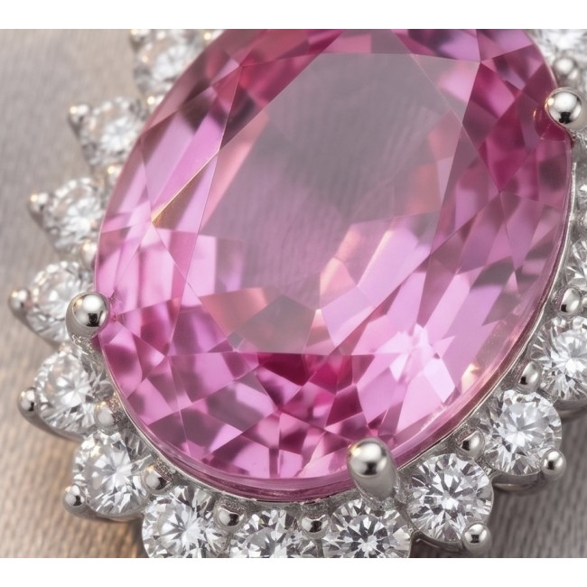 Incredible oval cut 15.8 carat Pink Sapphire .925 Sterling Silver handcrafted pendant - Close-up of oval cut pink sapphire with diamond halo.