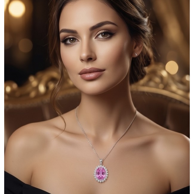 Incredible oval cut 15.8 carat Pink Sapphire .925 Sterling Silver handcrafted pendant - Woman wearing 15.8 carat pink sapphire pendant, front view