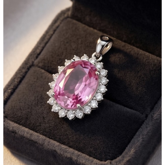 Incredible oval cut 15.8 carat Pink Sapphire .925 Sterling Silver handcrafted pendant - Close-up of oval cut pink sapphire pendant in black jewelry box