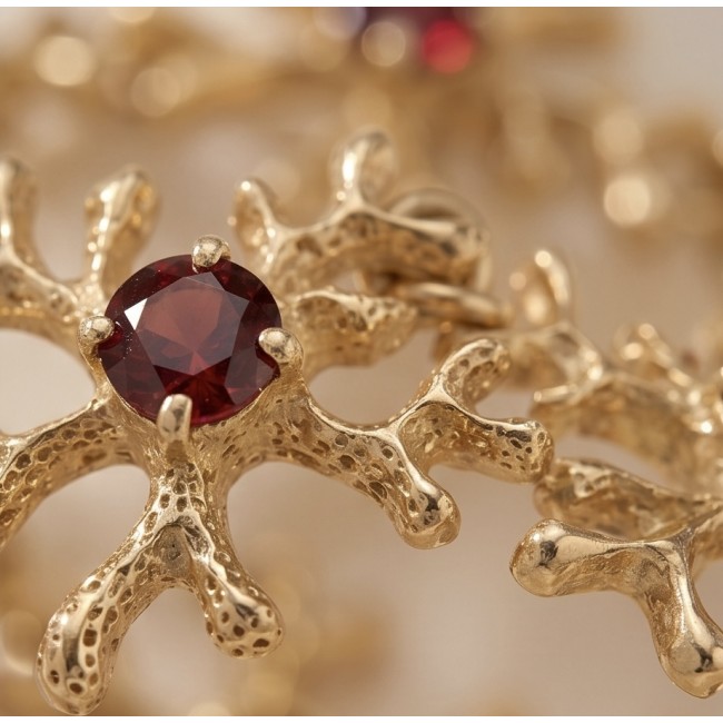 Authentic 5.2 carat Garnet .925 Sterling Silver dipped in real 14K rose gold handmade Bracelet - Stone close-up of gold jewelry with red garnet centerpiece.