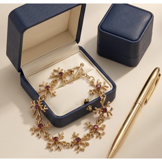 Authentic 5.2 carat Garnet .925 Sterling Silver dipped in real 14K rose gold handmade Bracelet - Gold bracelet with garnet stones in open blue box, top view.