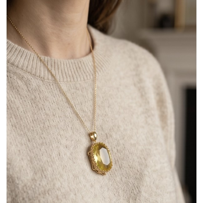 Baquette cut 10.3 carat Lemon Quartz 18K Gold over .925 Sterling Silver handcrafted pendant - Lemon quartz pendant in 18K gold, worn on chest.