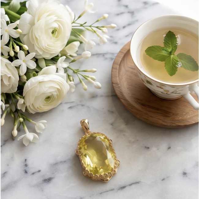 Baquette cut 10.3 carat Lemon Quartz 18K Gold over .925 Sterling Silver handcrafted pendant - Lemon Quartz pendant on marble with flowers and tea, top view.