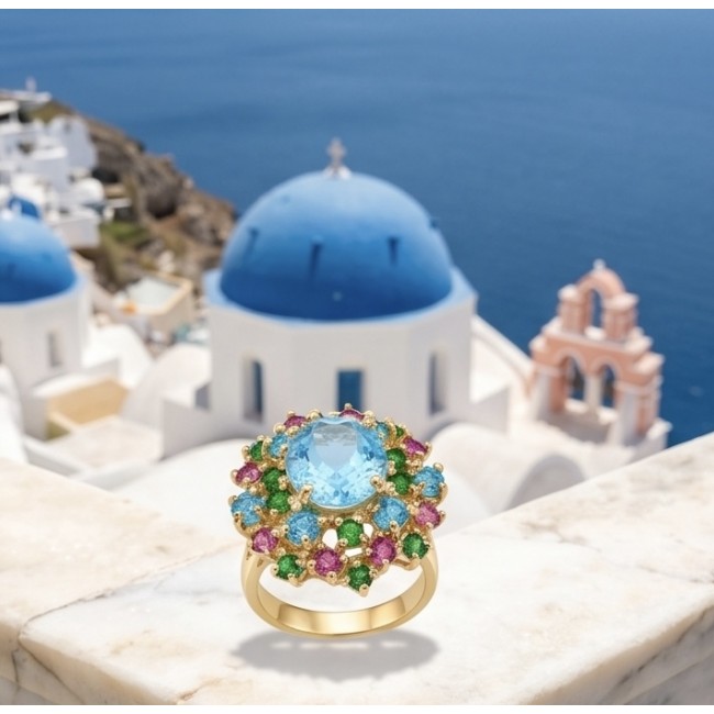 Atlantica - Authentic 9.8 carat Swiss Blue Topaz 22K Gold over .925 Sterling Silver handcrafted Statement ring size 8 - Gold ring with blue topaz and gemstones in Santorini setting, front view.