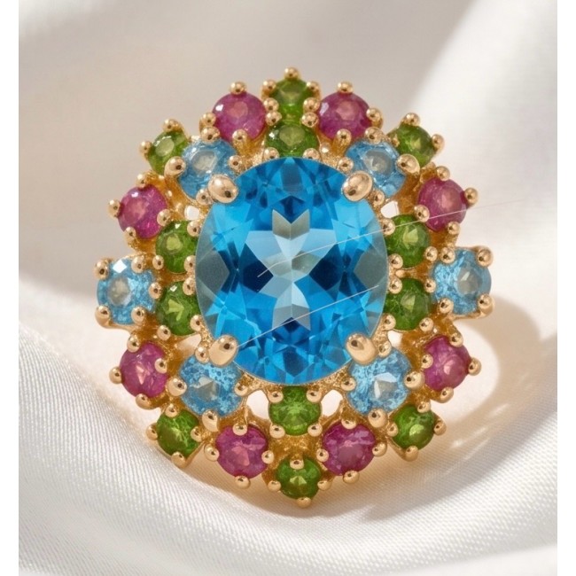Atlantica - Authentic 9.8 carat Swiss Blue Topaz 22K Gold over .925 Sterling Silver handcrafted Statement ring size 8 - Close-up of Swiss Blue Topaz ring with multicolored gemstones.