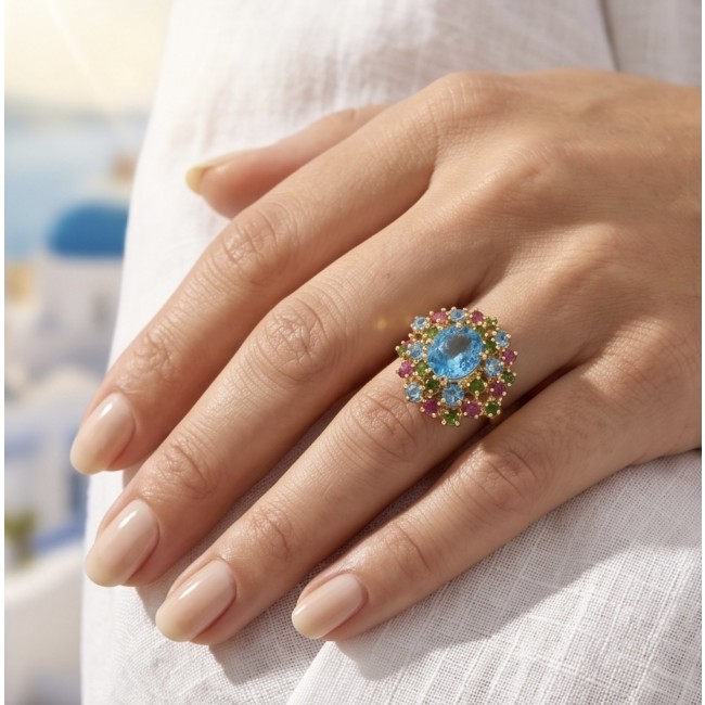 Atlantica - Authentic 9.8 carat Swiss Blue Topaz 22K Gold over .925 Sterling Silver handcrafted Statement ring size 8 - Hand wearing Atlantica Swiss Blue Topaz ring in close-up view