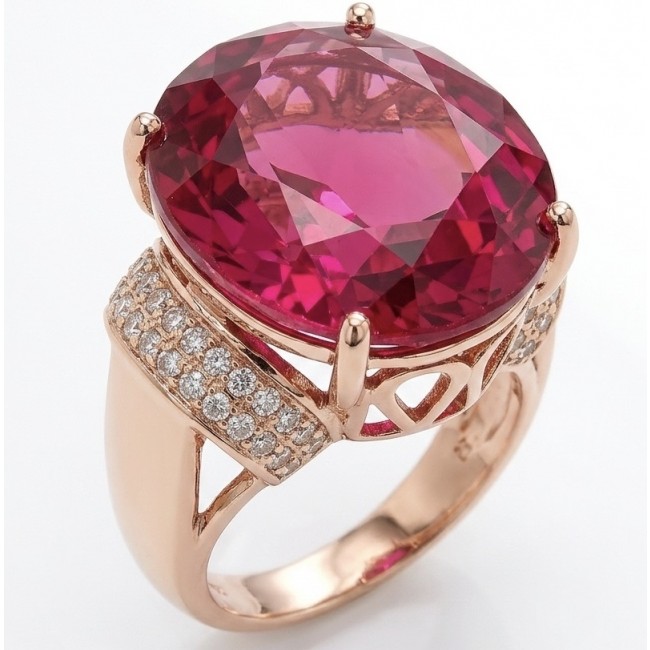 Royalty Natural 25.4 carat Ruby .925 Sterling Silver dipped in 22K Rose Gold handmade Large Statement Ring size 6 1/4 - Close-up of 25.4 carat ruby ring in rose gold with diamond accents