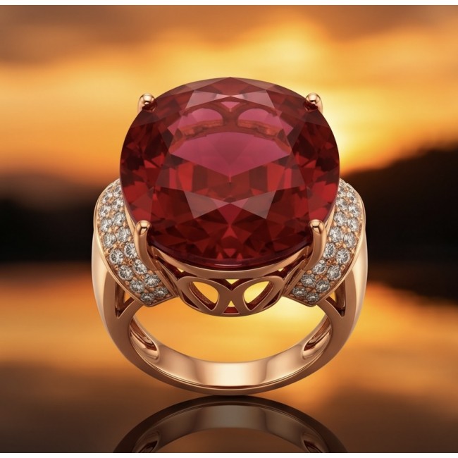 Royalty Natural 25.4 carat Ruby .925 Sterling Silver dipped in 22K Rose Gold handmade Large Statement Ring size 6 1/4 - Close-up of Royalty 25.4 carat ruby ring at sunset background