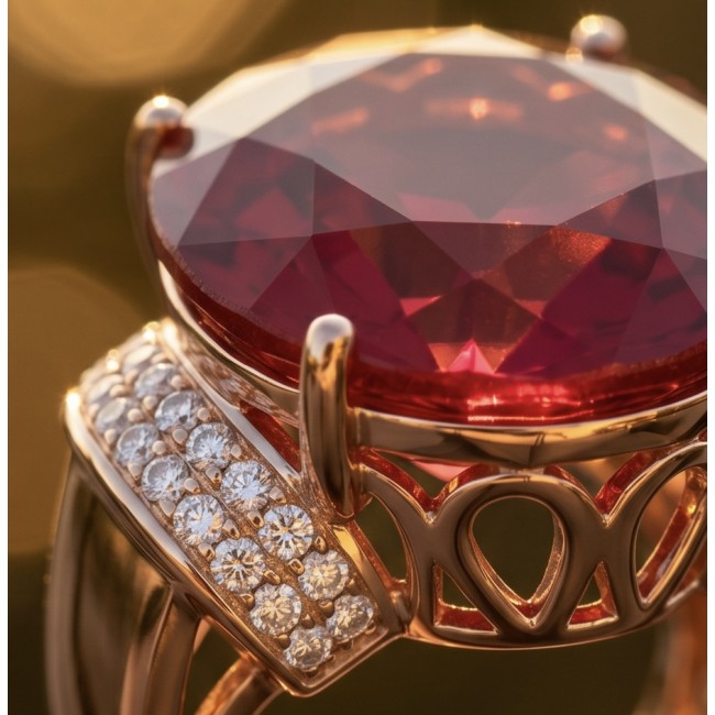 Royalty Natural 25.4 carat Ruby .925 Sterling Silver dipped in 22K Rose Gold handmade Large Statement Ring size 6 1/4 - Close-up of 25.4 ct ruby with diamond detail in sterling silver setting.