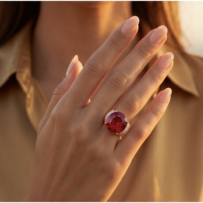 Royalty Natural 25.4 carat Ruby .925 Sterling Silver dipped in 22K Rose Gold handmade Large Statement Ring size 6 1/4 - Ruby ring worn on hand, front view, 25.4 carat, sterling silver.