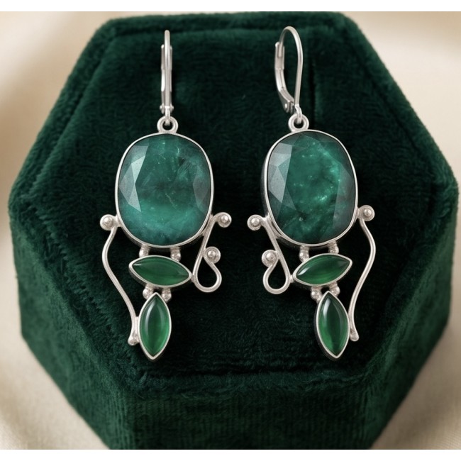Born to Glam authentic 20.2 carat Colombian Emerald .925 Sterling Silver handcrafted earrings - Green emerald earrings on display box, front view.