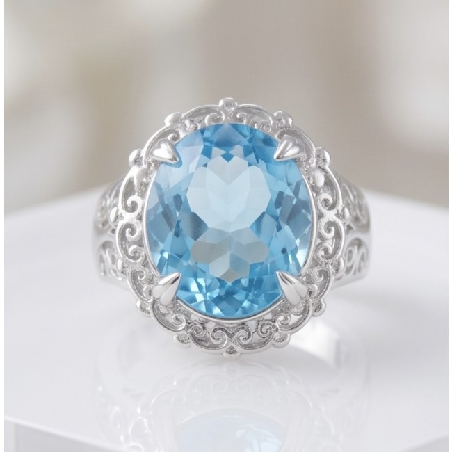 14.5 carat authentic Swiss Blue Topaz .925 Sterling Silver dipped in rhodium handmade Statement Ring size 8 1/4 - Close-up of Swiss Blue Topaz ring in sterling silver.