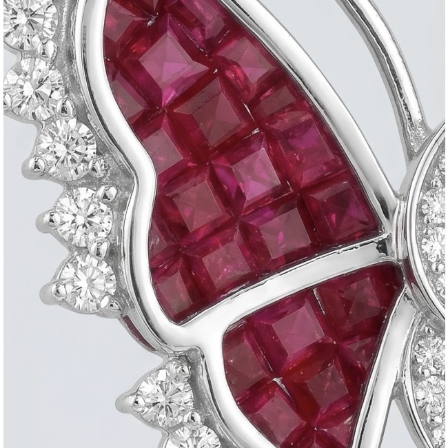 Real Beauty natural 11.9 carat mystery setting Ruby Butterflies .925 Sterling Silver handcrafted earrings - Close-up of ruby and diamond butterfly jewelry with mystery setting.