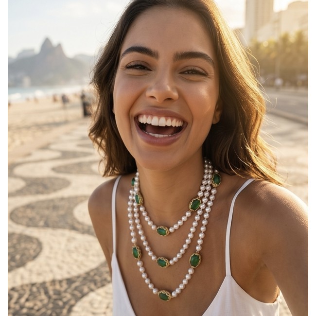 Incredible 48 inches long Freshwater Pearl 10K Gold over .925 Sterling Silver handmade Necklace - Woman wearing Freshwater Pearl necklace on beach, front view close-up