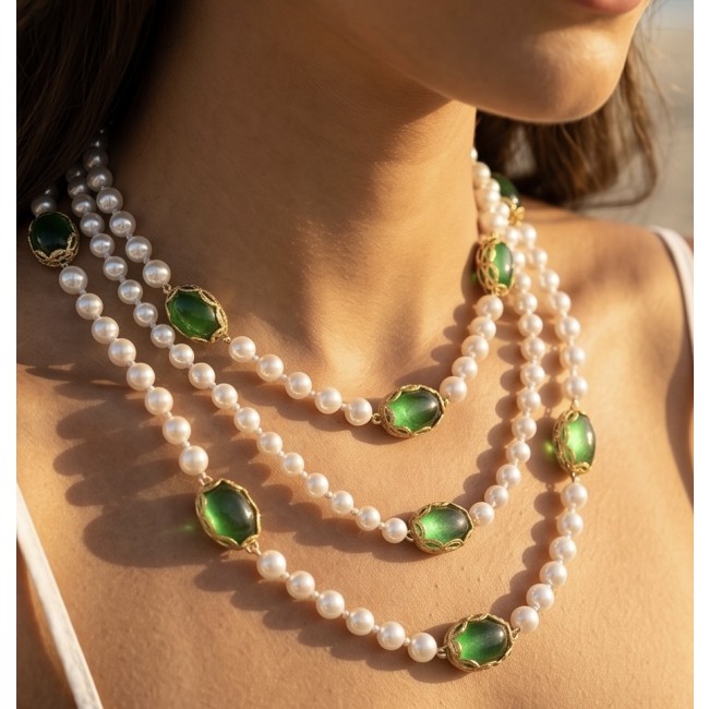 Incredible 48 inches long Freshwater Pearl 10K Gold over .925 Sterling Silver handmade Necklace - Close-up of pearl necklace with green stones worn around neck