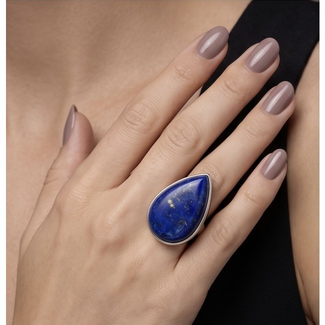 Natural 24.5 carat Lapis Lazuli .925 Sterling Silver handcrafted ring size 8 adjustable - Lapis Lazuli 24.5 carat ring on hand, showcasing stone front view.