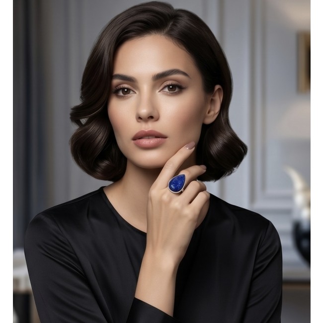 Natural 24.5 carat Lapis Lazuli .925 Sterling Silver handcrafted ring size 8 adjustable - Woman wearing Lapis Lazuli ring, close-up view on hand
