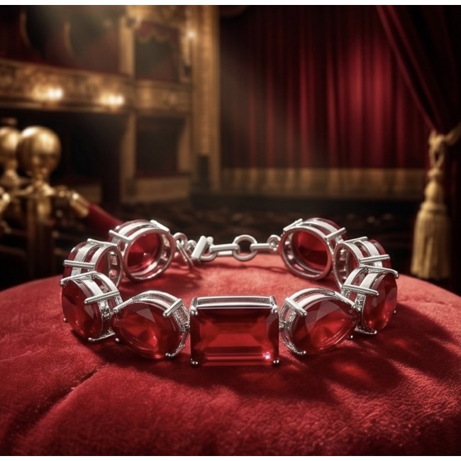 Bella Rosa - Magnificent 152.4 carat authentic Ruby .925 Sterling Silver handcrafted Bracelet - Ruby bracelet on red velvet, theater background, angled view