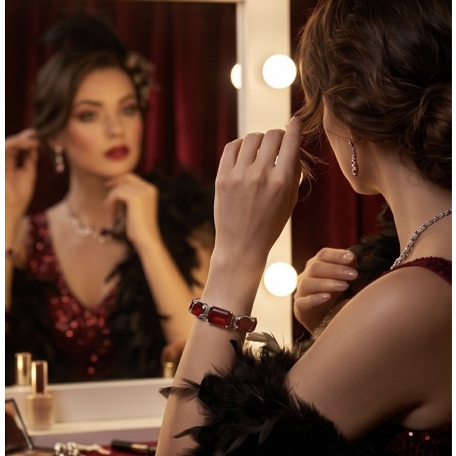 Bella Rosa - Magnificent 152.4 carat authentic Ruby .925 Sterling Silver handcrafted Bracelet - Worn on wrist, woman adjusting hair, ruby bracelet in dressing room ambiance.
