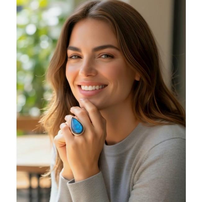 Shimmering Natural Labradorite .925 Sterling Silver handcrafted Large ring size 8 adjustable - Woman wearing shimmering labradorite ring on right hand