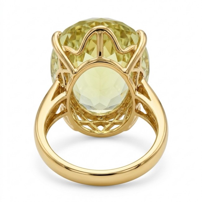 Solid 14.8 carat Genuine Lemon Quartz 18K Gold over .925 Sterling Silver handcrafted ring size 7 - Back view of lemon quartz ring in 18K gold setting