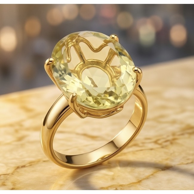 Solid 14.8 carat Genuine Lemon Quartz 18K Gold over .925 Sterling Silver handcrafted ring size 7 - Side view of 14.8 carat lemon quartz gold ring on marble surface.