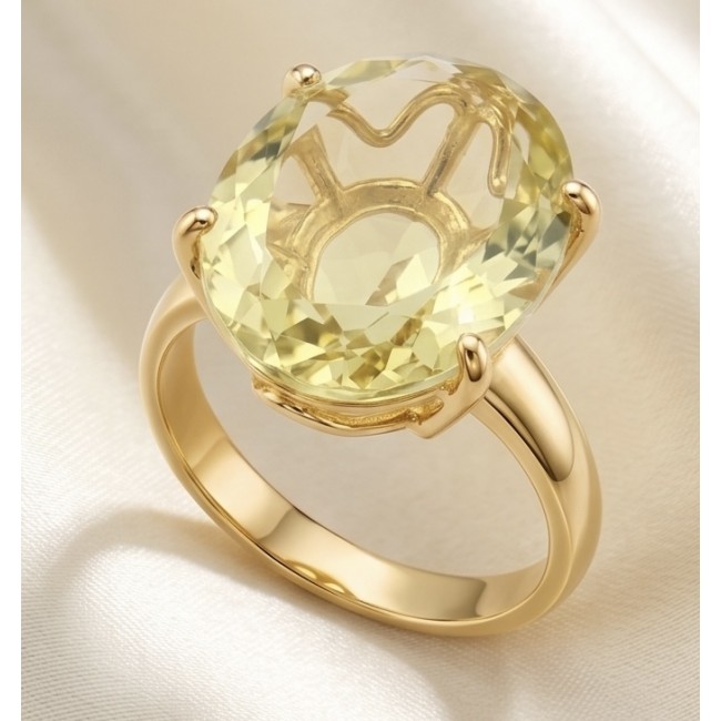 Solid 14.8 carat Genuine Lemon Quartz 18K Gold over .925 Sterling Silver handcrafted ring size 7 - Lemon Quartz ring in 18K gold, top view on satin background.
