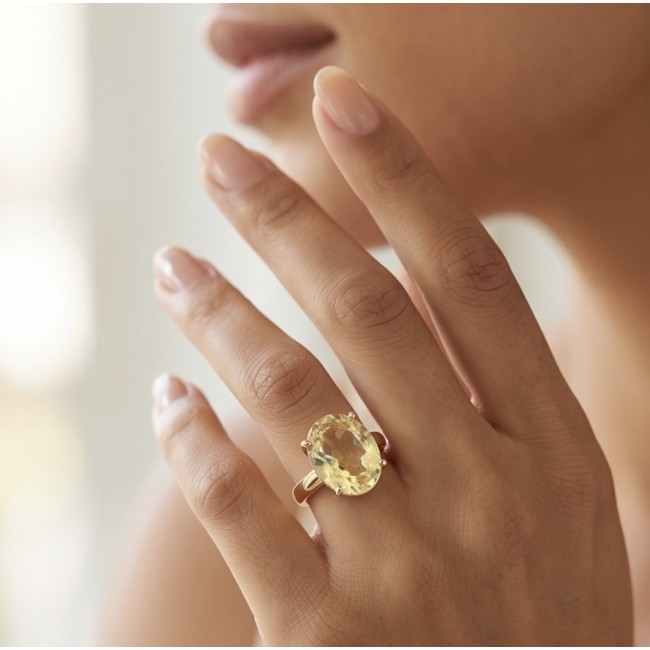 Solid 14.8 carat Genuine Lemon Quartz 18K Gold over .925 Sterling Silver handcrafted ring size 7 - Lemon Quartz ring, close-up, worn on hand, 18K Gold over .925 Silver.