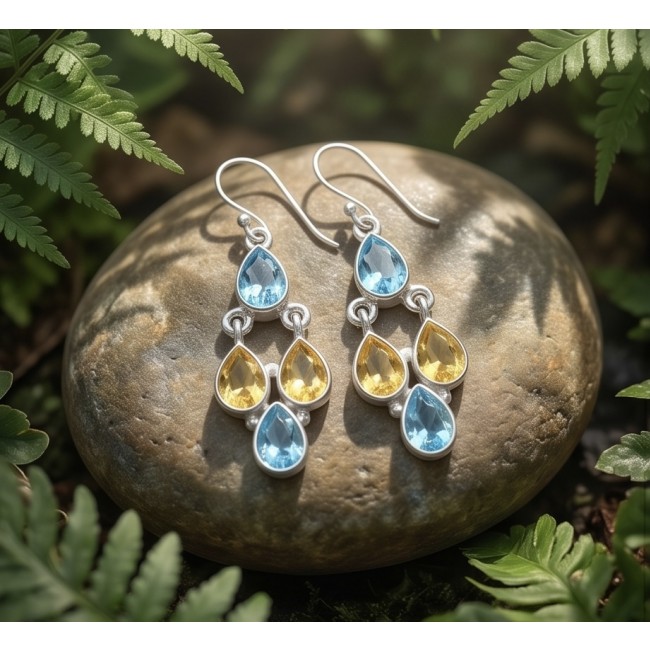 Fiesta Authentic 10.7 carat Multigem .925 Sterling Silver handcrafted earrings - Pair of dangling multigem earrings on a stone with leafy background
