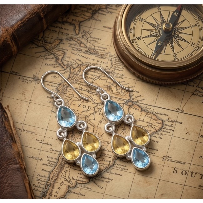 Fiesta Authentic 10.7 carat Multigem .925 Sterling Silver handcrafted earrings - Earrings on vintage map with compass, front view, multigem design.