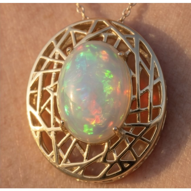 Earth Treasure Authentic 12.8 carat Golden Ethiopian Opal 22K Gold over .925 Sterling Silver handcrafted Statament Necklace - Close-up of 12.8 carat Ethiopian opal pendant with gold lattice design