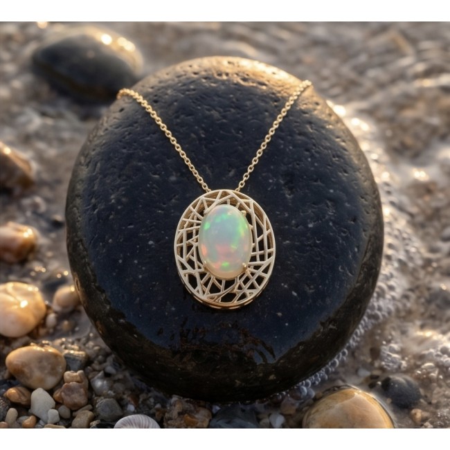 Earth Treasure Authentic 12.8 carat Golden Ethiopian Opal 22K Gold over .925 Sterling Silver handcrafted Statament Necklace - Golden Ethiopian Opal pendant on a rock, top view