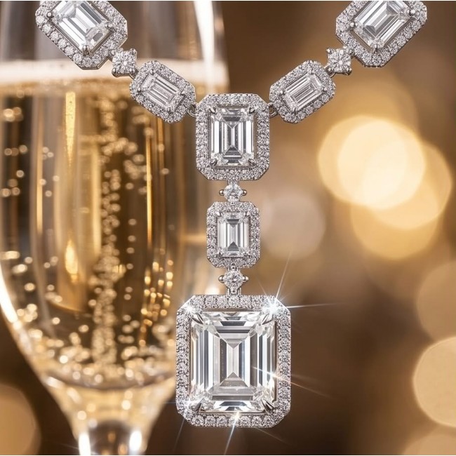 Carolyn - Precious 35.5 carta White Topaz rhodium over .925 Sterling Silver .925 Sterling Silver Statement Necklace - Close-up of Carolyn necklace with white topaz and champagne in background.