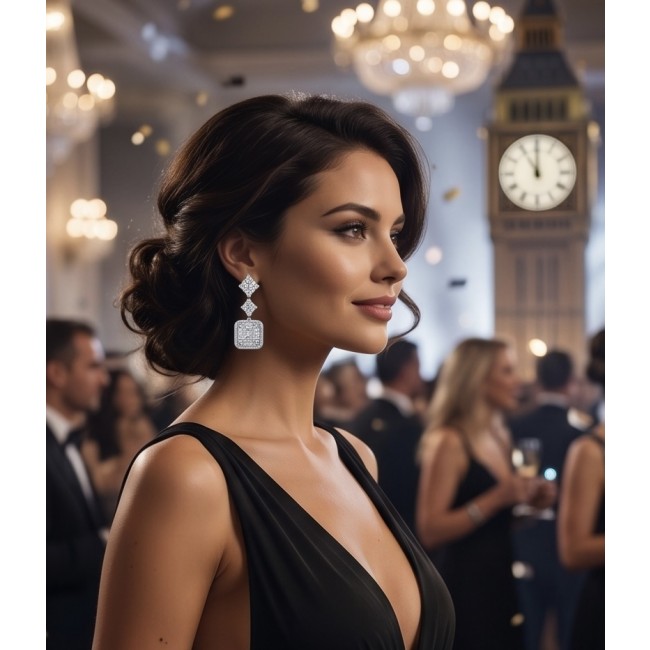 Carolyn - Precious 9.5 carta White Topaz rhodium over .925 Sterling Silver .925 Sterling Silver Statement earrings - Elegant side view, woman wearing Carolyn White Topaz earrings.