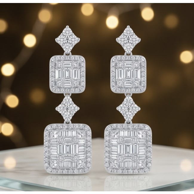 Carolyn - Precious 9.5 carta White Topaz rhodium over .925 Sterling Silver .925 Sterling Silver Statement earrings - Front view of Carolyn white topaz earrings on reflective surface.