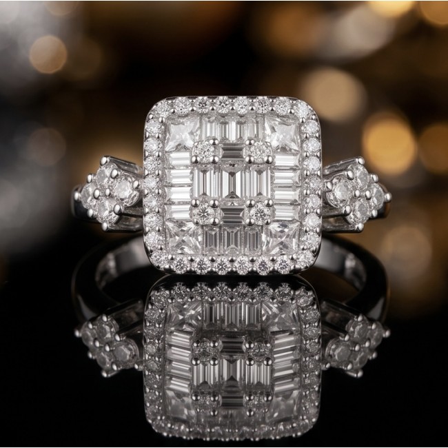 Carolyn - Precious 35.5 carta White Topaz rhodium over .925 Sterling Silver .925 Sterling Silver Statement ring size 6 1/4 - Close-up of Carolyn White Topaz ring with intricate square design.